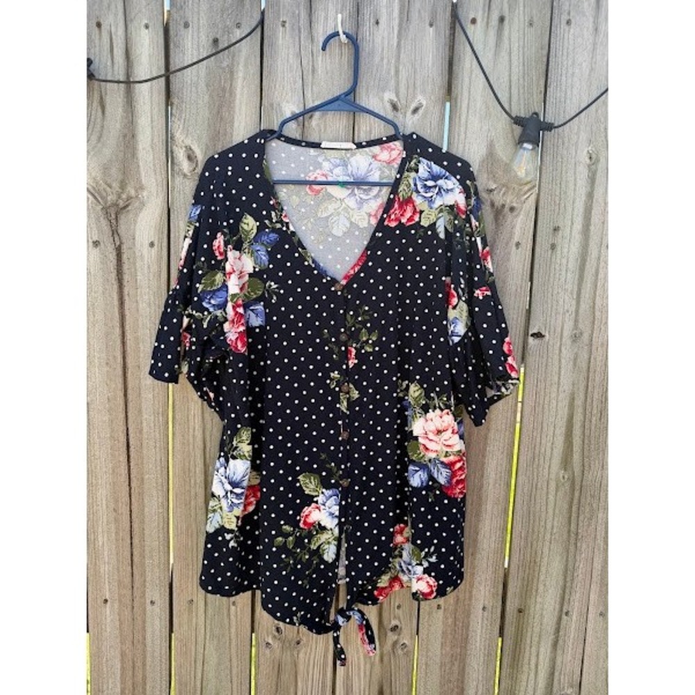 Reborn J Womens Plus 1XL Floral Polka Dot Tie Front Button Blouse Navy Blue
